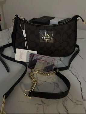 Coach Brown Signature Canvas Mini Crossbody with Gold Hardware